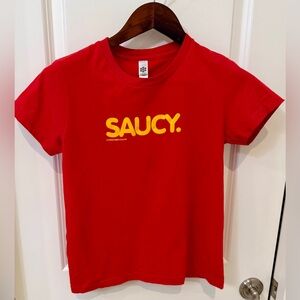 American Apparel Classic Girl Red Tee with Yellow 'Saucy' Print Size M
